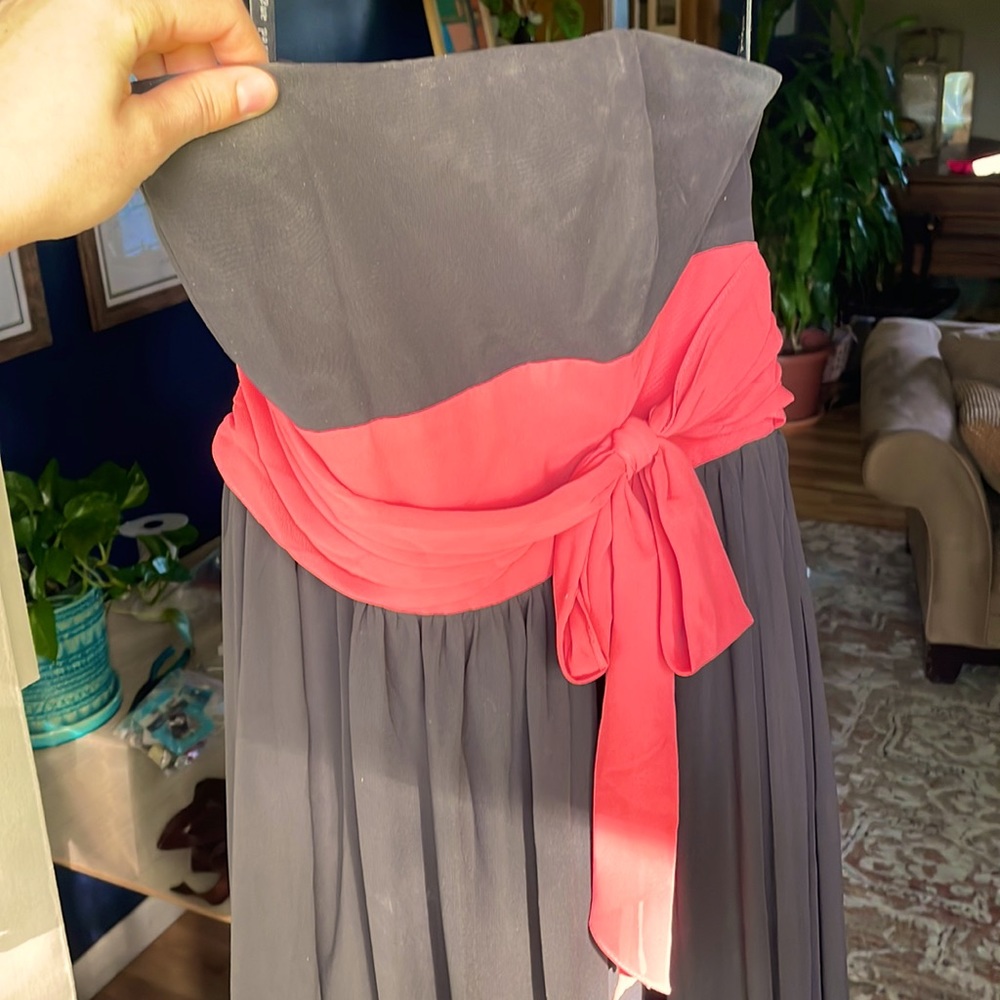 Black and coral strapless formal dress